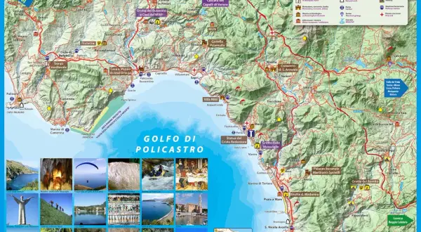 Mappa del Golfo di Policastro con Maratea, che mostra luoghi d'interesse, sentieri e bellezze naturali.