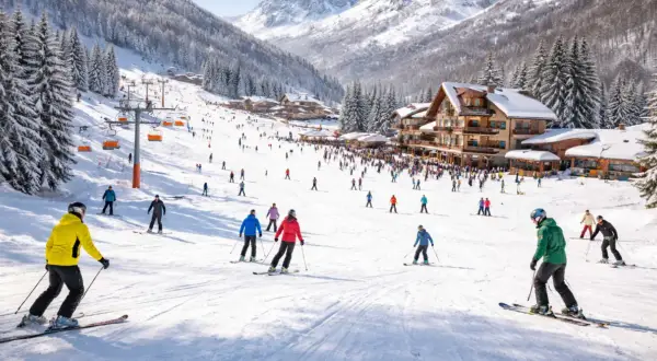 Sciare tra i **impianti sciistici del Centro Italia**, con seggiovie arancioni che salgono verso vette innevate e piste affollate di sciatori.