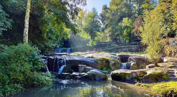 Cascata tra rocce e vegetazione lussureggiante, un angolo di pace che ricorda le montagne del Lazio.
