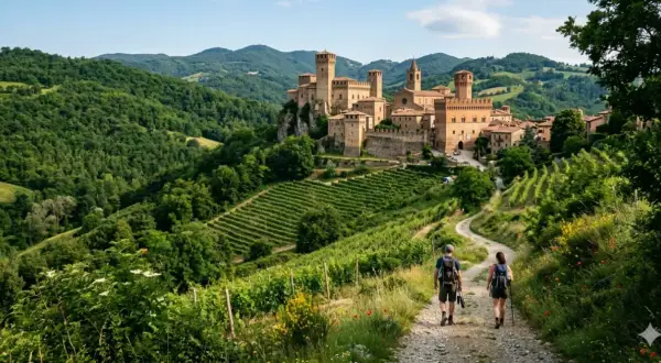 Coppia di escursionisti ammira un suggestivo borgo medievale a Piacenza, circondato da vigneti e colline verdi.