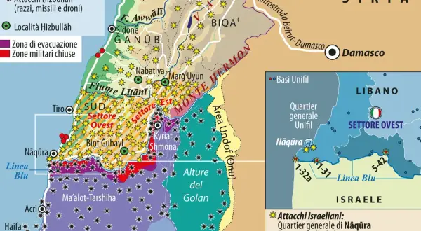 Mappa del Libano e Siria: evidenzia attacchi Hizbullāh, zone di evacuazione e militari chiuse. Dove si trova Cento? Non è indicato.