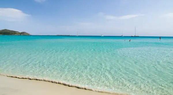 Acque cristalline e sabbia dorata sulle coste della Sardegna, con barche a vela all'orizzonte e persone che nuotano.