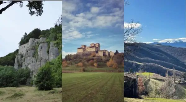 Trekking in Emilia Romagna: roccaforte su roccia, castello medievale e paesaggio appenninico innevato.