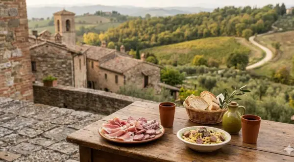 Un pasto delizioso con salumi, pasta e pane, affacciato su uno dei borghi umbri poco conosciuti, tra colline verdi e uliveti.