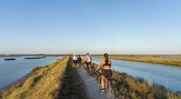 Ciclisti su una **ciclabile Comacchio** tra saline e canali, sotto un cielo azzurro.