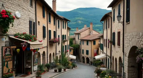 Strada acciottolata tra case in pietra e fiori, un'incantevole immagine di borghi nord Italia con montagne sullo sfondo.