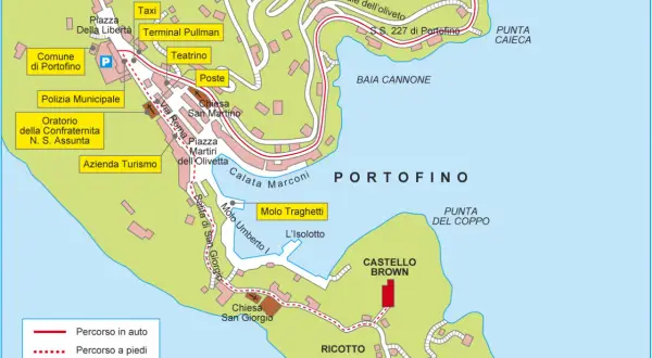 Mappa di Portofino: mostra il comune, il terminal Pullman, il Castello Brown, le chiese e i percorsi a piedi e in auto.