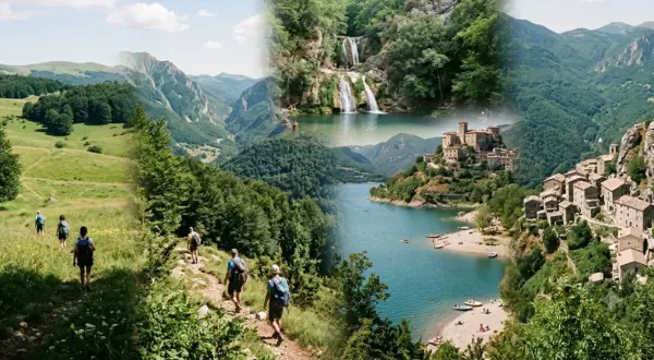 Escursionisti tra le verdi montagne nel Lazio, con cascate, un lago azzurro e borghi arroccati.