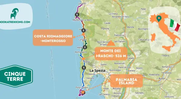 Mappa dettagliata per il tuo viaggio alle Cinque Terre, con sentieri, borghi e la costa da Riomaggiore a Monterosso.