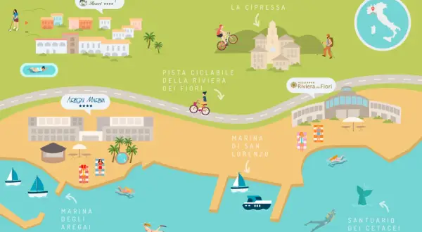 Mappa della pista ciclabile della Riviera dei Fiori: da Marina degli Arega, passando per la Marina di San Lorenzo, fino a La Cipressa.