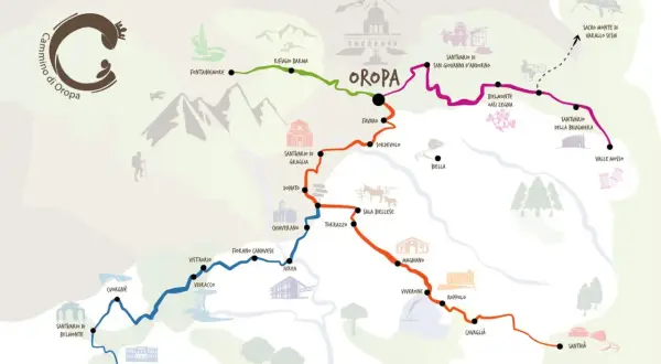 Mappa stilizzata dei cammini in Italia, con sentieri colorati che collegano santuari, rifugi e borghi, tra cui Oropa.