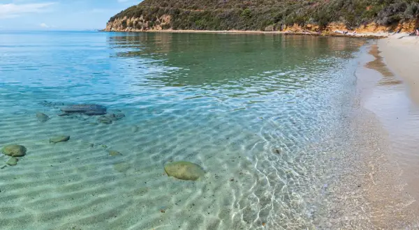 Acque cristalline e sabbia dorata nella Maremma Toscana. Il mare riflette il cielo azzurro, mentre la collina verdeggiante si affaccia sulla costa.