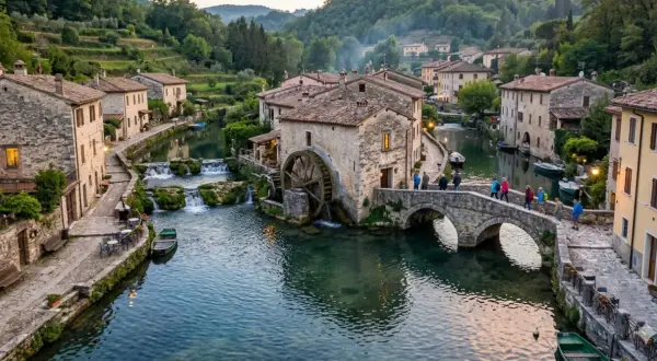 Un incantevole borgo italiano, una vera citta sull'acqua, con case in pietra, un mulino ad acqua e un ponte pittoresco attraversato da persone.