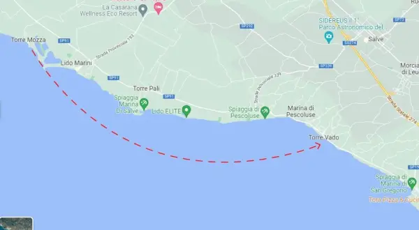 Maldive del Salento: la mappa mostra Torre Mozza, Lido Marini, Torre Pali, Spiaggia Marina di Salve, Lido ELITE, Spiaggia di Pescoluse, Marina di Pescoluse e Torre Vado.