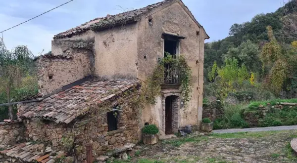 Antica casa in pietra, parte di una città fantasma umbria, con tetto in tegole rotte e vegetazione che cresce ovunque.
