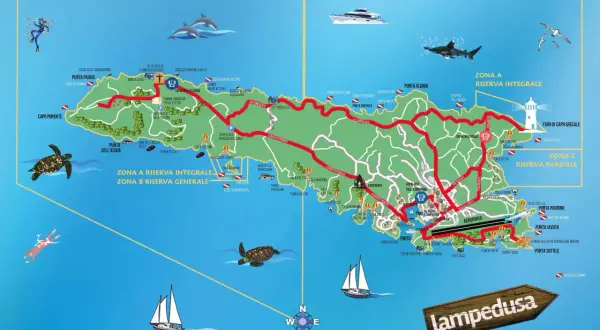 Mappa di Lampedusa con riserve marine, spiagge, porti e sentieri. Scopri dove si trova Lampedusa e le sue meraviglie naturali.