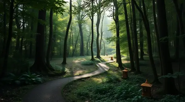 Sentiero serpeggiante in un bosco lussureggiante, ideale per cammini spirituali in Italia. Lanterne orientali illuminano il percorso.