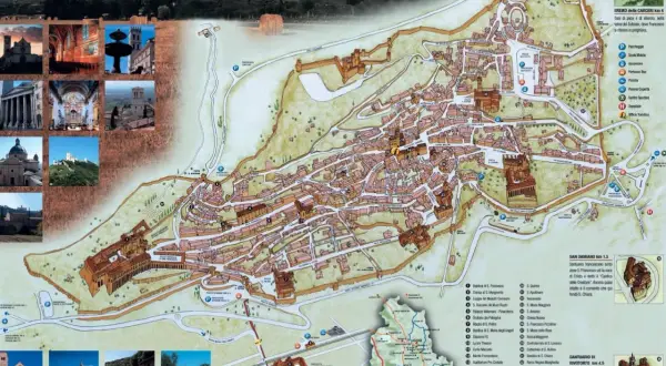 Mappa di Assisi, città medievale in Umbria, dove si trova la Basilica di San Francesco. Include scorci panoramici e dettagli dei monumenti.