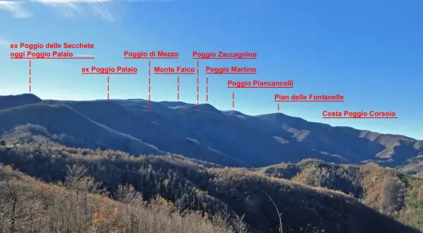 Panoramica del monte battaglia con varie cime etichettate: Poggio Palaio, Monte Falco, Poggio Piancancelli e altre.