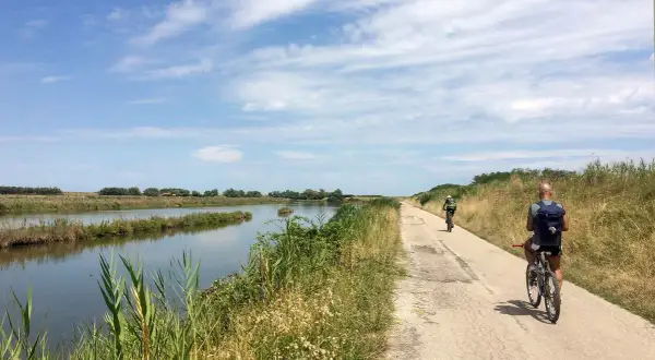 Cicloturismo in Emilia Romagna: due ciclisti pedalano su una strada sterrata lungo un canale, con vegetazione rigogliosa e cielo azzurro.