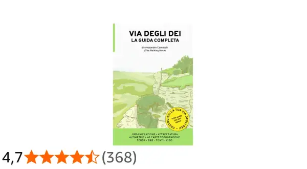 Copertina della guida "Via degli Dei", con un paesaggio montuoso e un escursionista solitario. Perfetta per pianificare il tuo cammino.