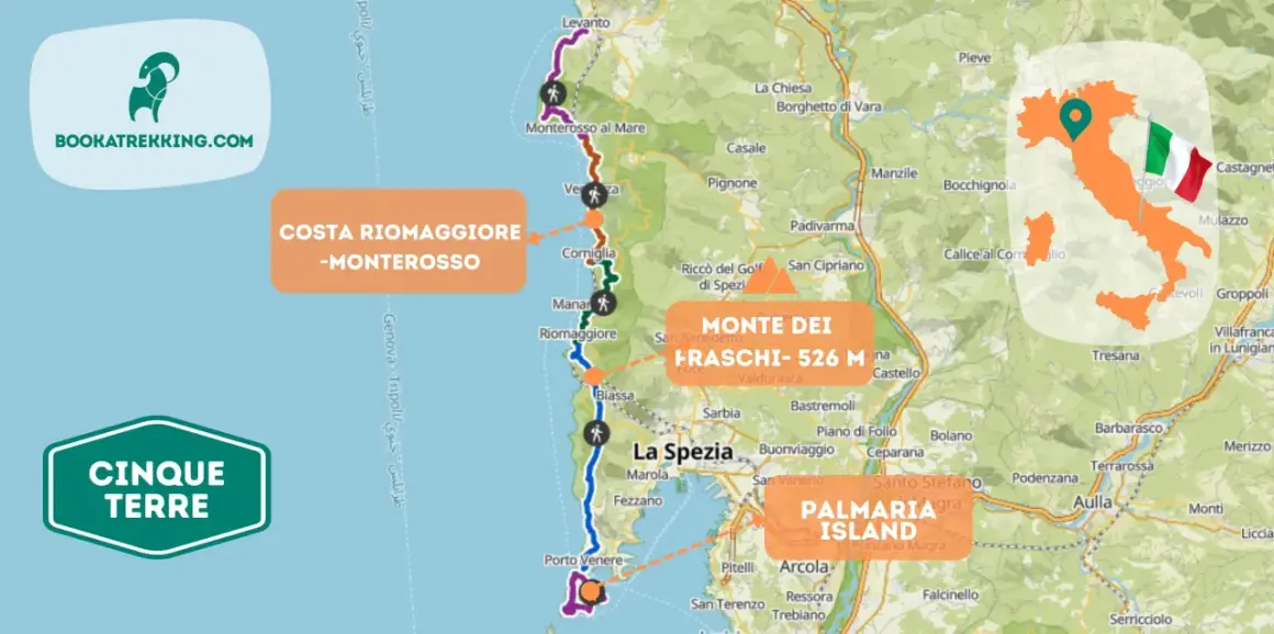 Mappa dettagliata per il tuo viaggio alle Cinque Terre, con sentieri, borghi e la costa da Riomaggiore a Monterosso.