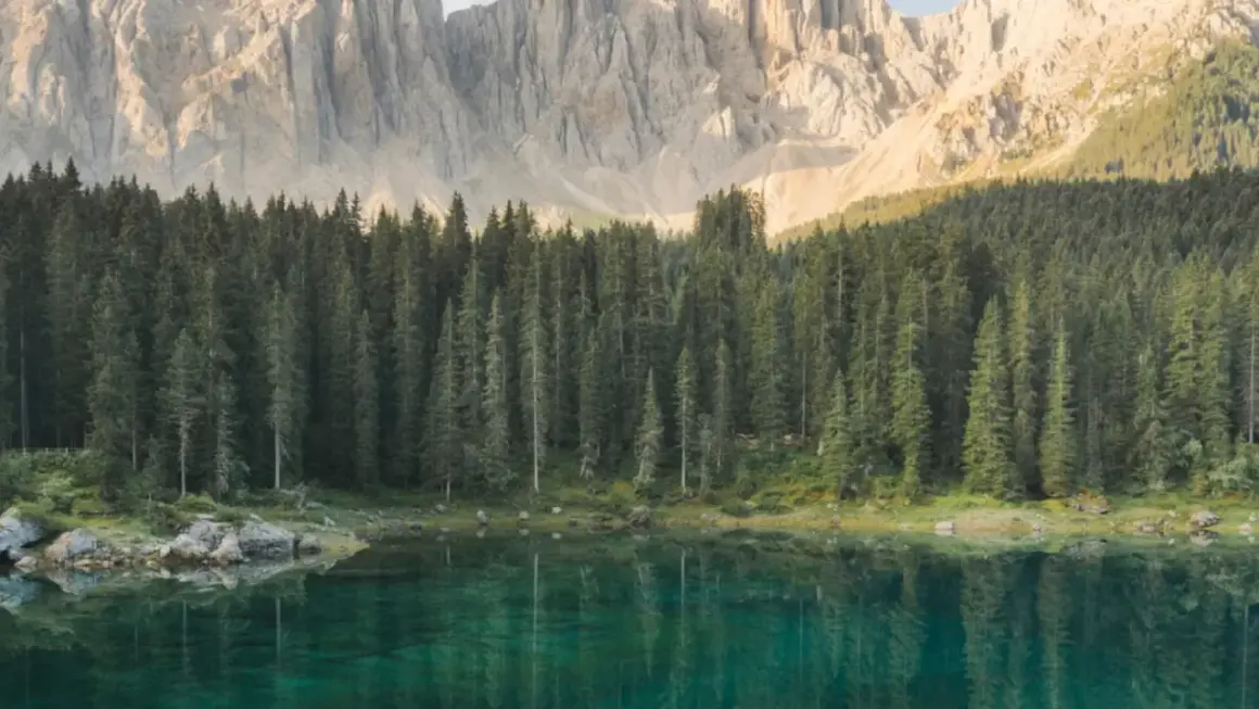 Lago alpino con riflessi di bosco di conifere e montagne imponenti. Un luogo ideale per lo sport e natura.