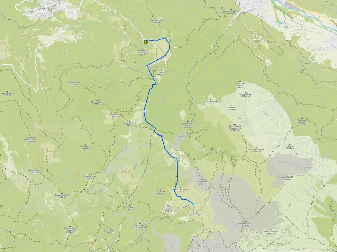 Mappa dei sentieri Lecco con itinerario blu che sale verso le cime.