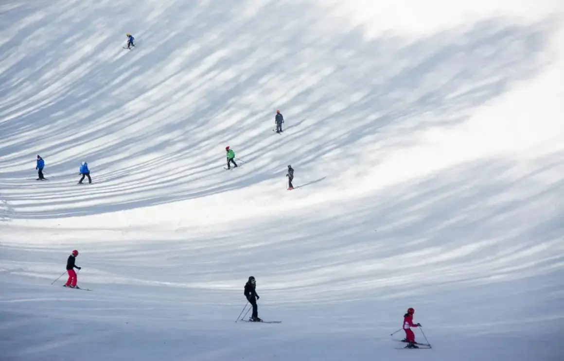 Sciare nel Lazio: persone godono della neve su una pista, con ombre suggestive degli alberi.