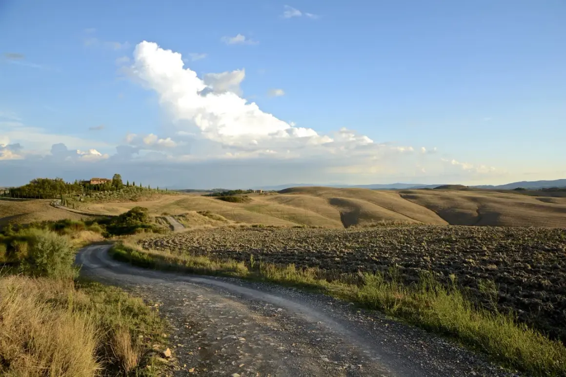 Strada sterrata serpeggia tra le dolci colline senesi, con un casale in lontananza sotto un cielo azzurro e nuvoloso.