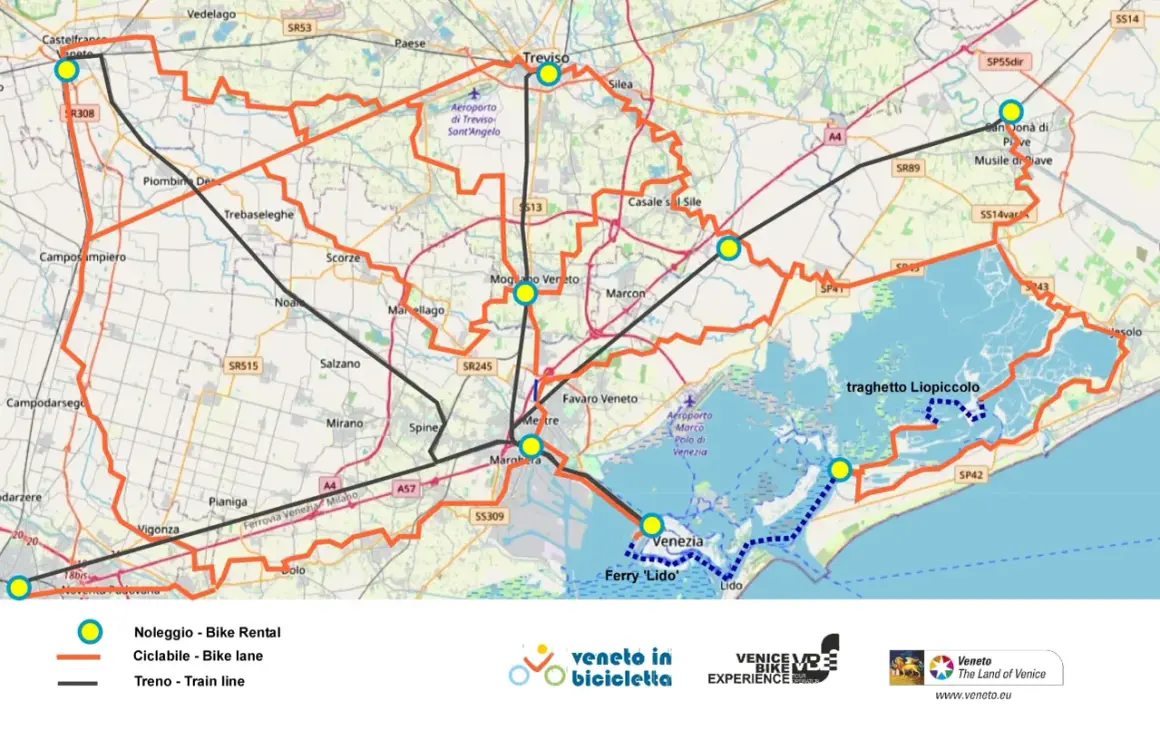 Mappa della ciclabile del Sile, con percorsi ciclabili arancioni, linee ferroviarie nere e punti di noleggio bici gialli. Include Venezia e la laguna.