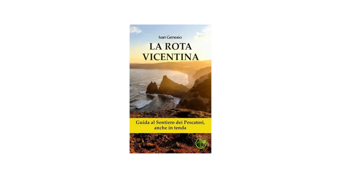 Copertina del libro "La Rota Vicentina", guida al **sentiero dei pescatori** con scogliere mozzafiato al tramonto.