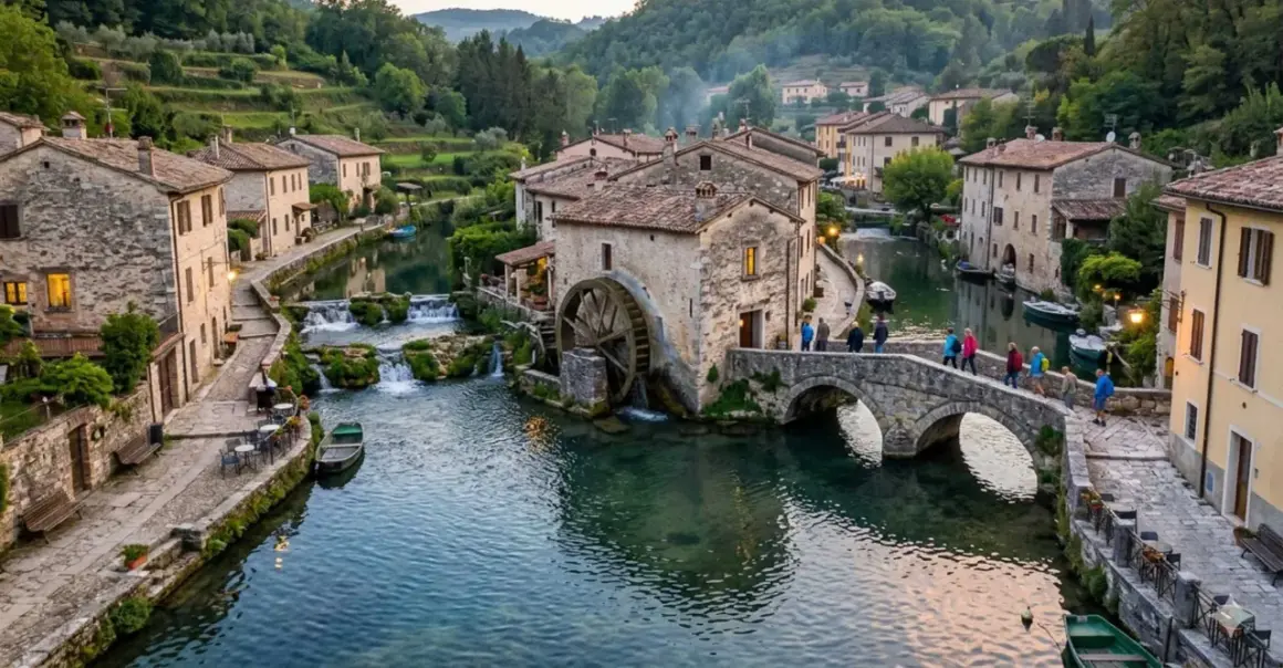 Un incantevole borgo italiano, una vera citta sull'acqua, con case in pietra, un mulino ad acqua e un ponte pittoresco attraversato da persone.