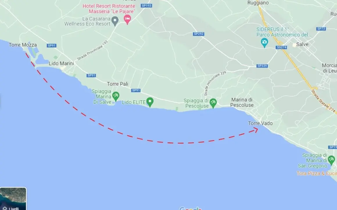 Maldive del Salento: la mappa mostra Torre Mozza, Lido Marini, Torre Pali, Spiaggia Marina di Salve, Lido ELITE, Spiaggia di Pescoluse, Marina di Pescoluse e Torre Vado.