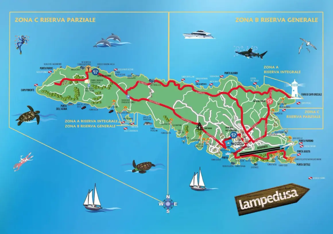 Mappa di Lampedusa con riserve marine, spiagge, porti e sentieri. Scopri dove si trova Lampedusa e le sue meraviglie naturali.