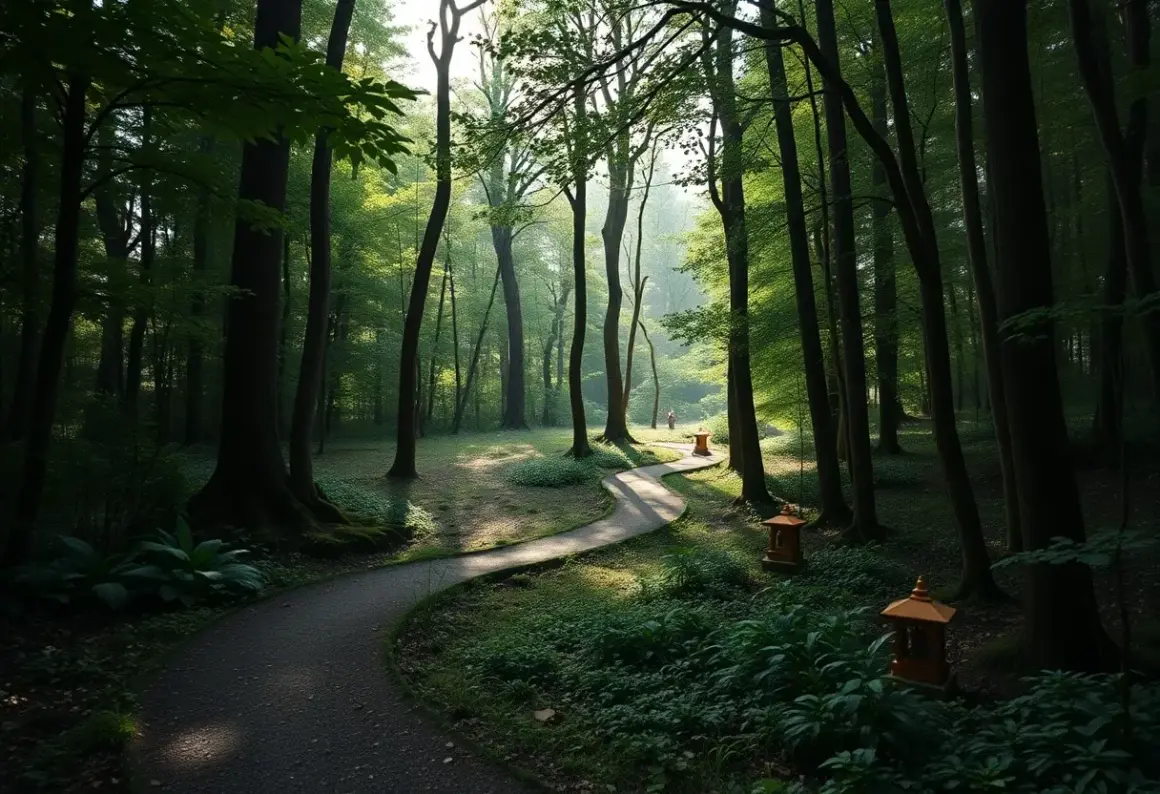 Sentiero serpeggiante in un bosco lussureggiante, ideale per cammini spirituali in Italia. Lanterne orientali illuminano il percorso.