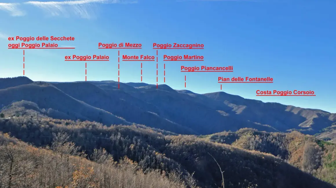 Panoramica del monte battaglia con varie cime etichettate: Poggio Palaio, Monte Falco, Poggio Piancancelli e altre.