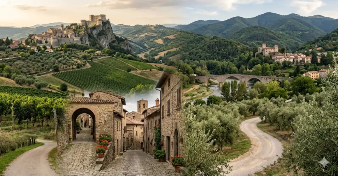 Paesaggi incantevoli di borghi bandiera arancione, con castelli arroccati, vigneti rigogliosi, ponti antichi e vicoli in pietra.