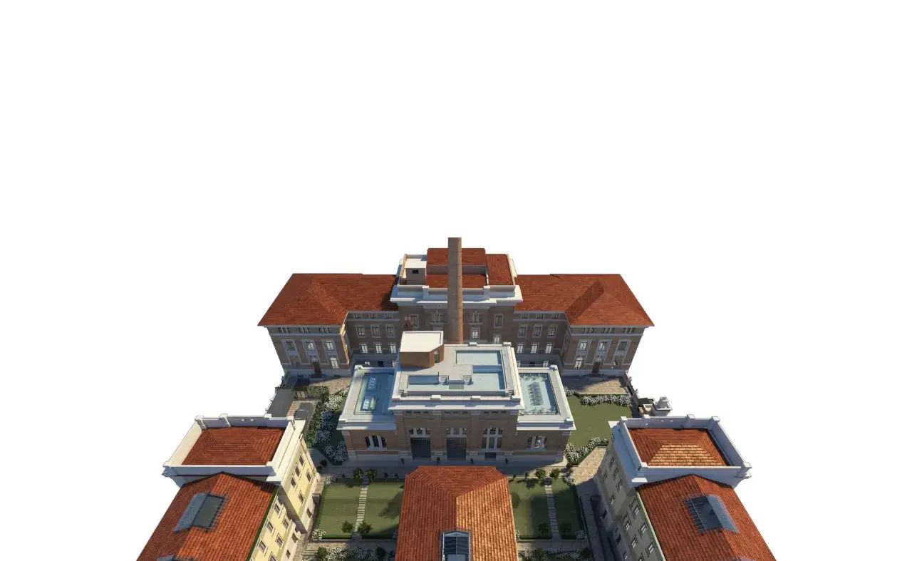 Vista aerea di un complesso di edifici con tetti rossi, che ricorda le storiche terme a Salsomaggiore.