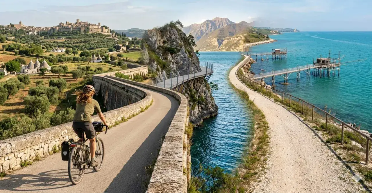 Ciclista su strada panoramica, forse la ciclabile più bella d'Italia, con vista su borgo antico, trulli e mare con trabocchi.
