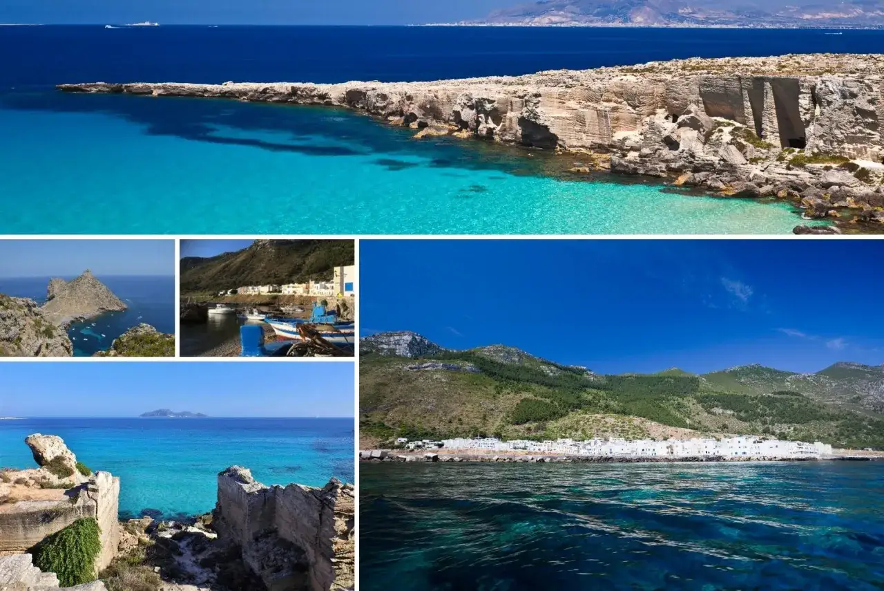 Panoramica delle spiagge isole Egadi: acque cristalline, scogliere rocciose, villaggi bianchi e barche colorate. Un paradiso mediterraneo.