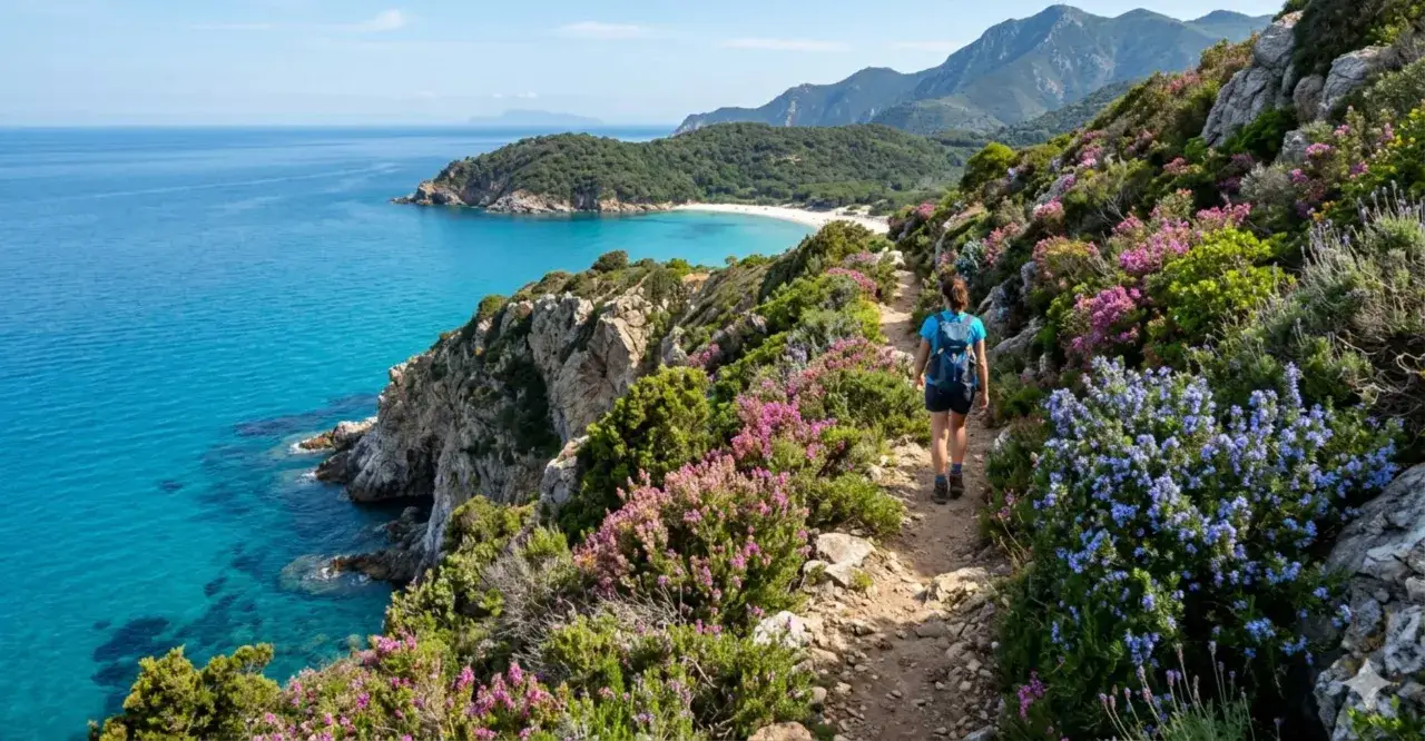 Sentiero fiorito con vista mare, ideale per un weekend all'Isola d'Elba.
