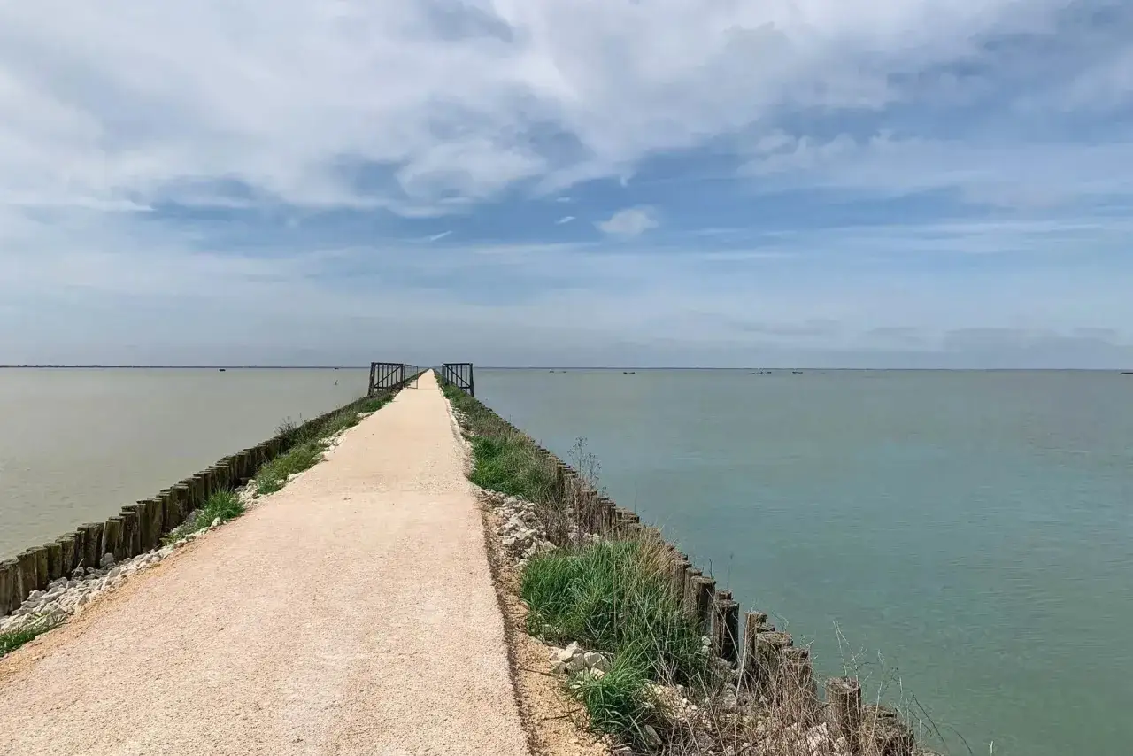 La ciclabile di Comacchio si estende sull'acqua, un sentiero sabbioso tra cielo e laguna.