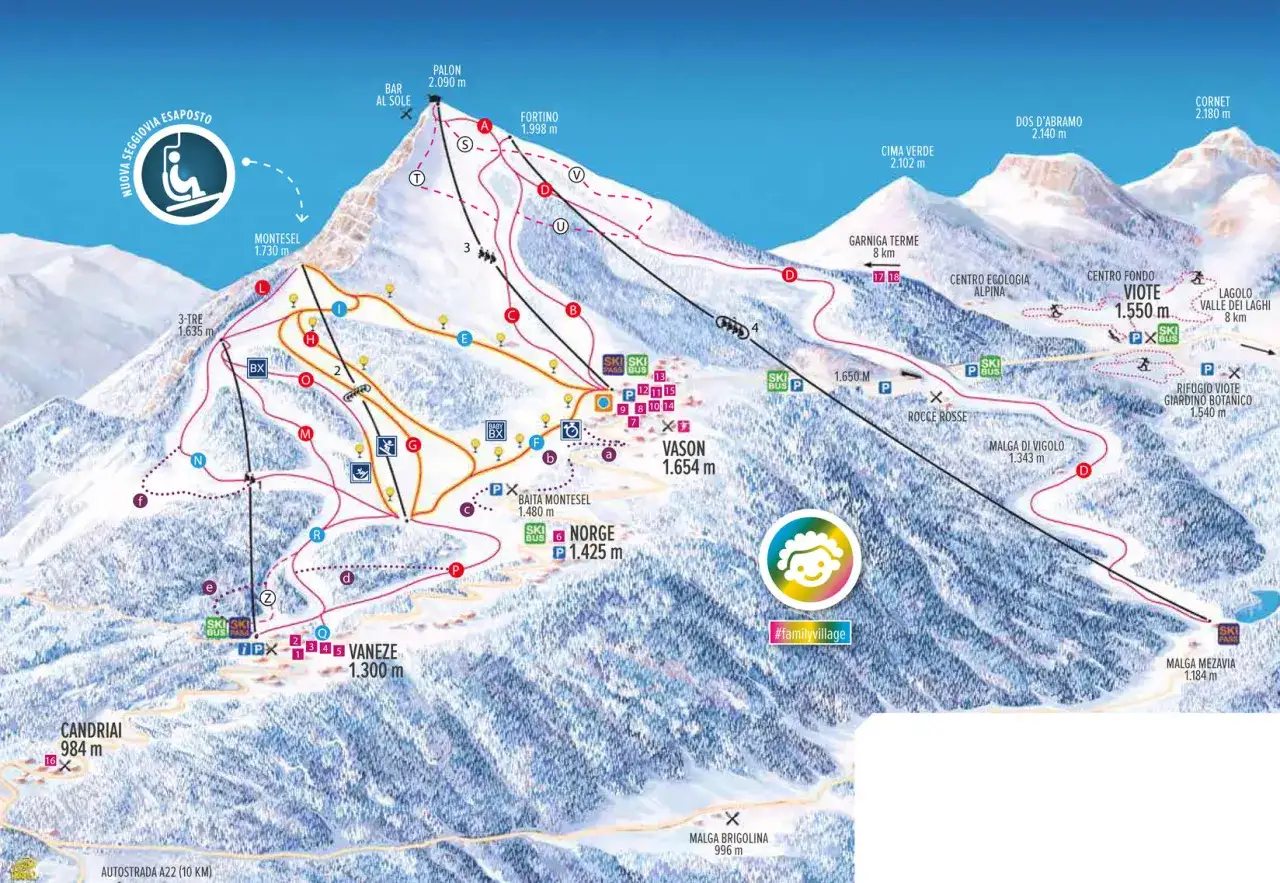 Mappa sciistica del Trentino con piste, impianti e rifugi. Ideale per scoprire località sciistiche economiche Trentino.