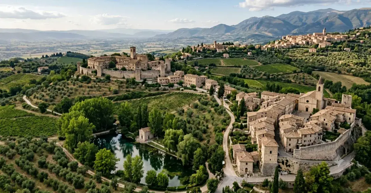 Un incantevole borgo in Umbria, con case in pietra, vigneti e uliveti che scendono verso un lago sereno.