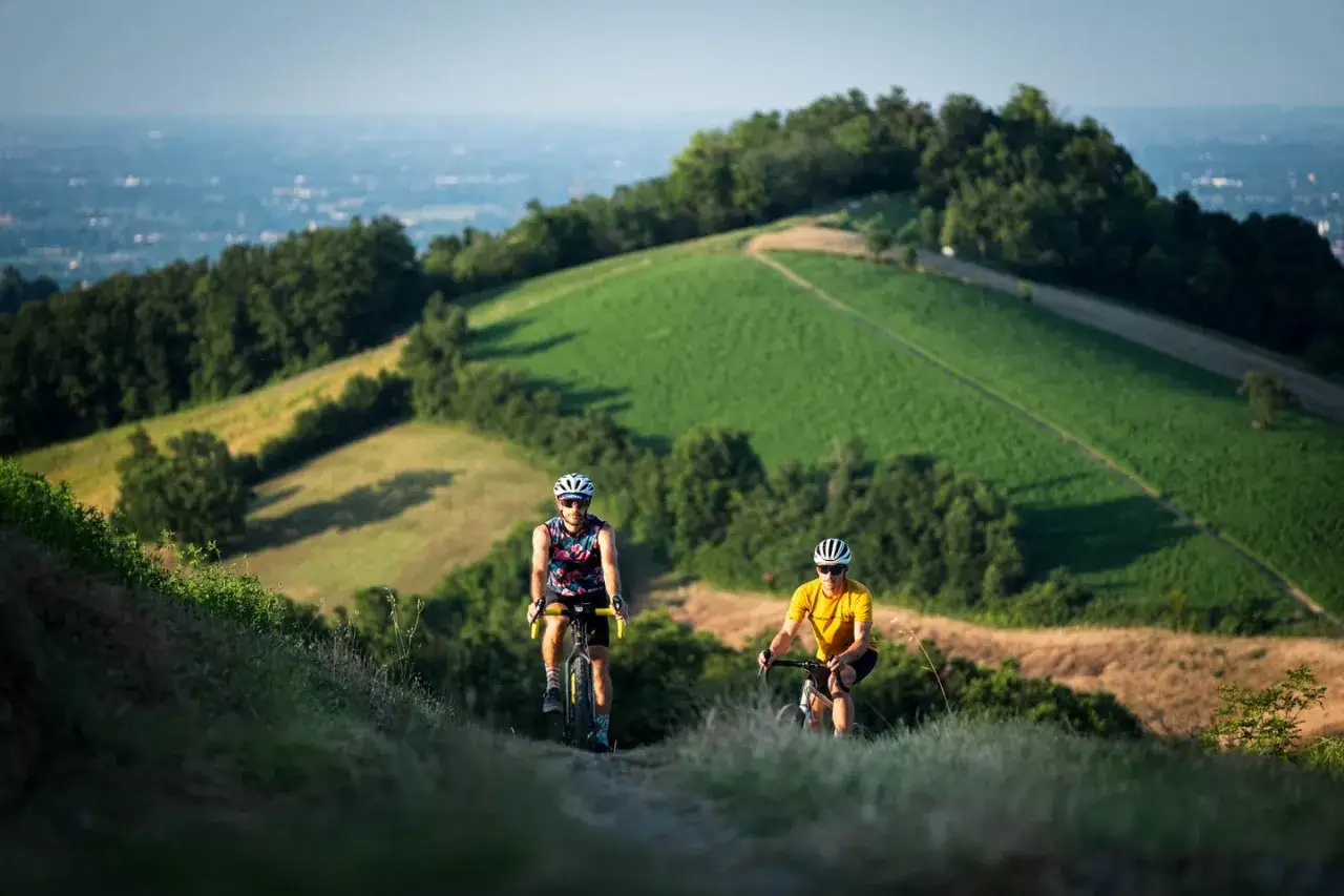 Due ciclisti affrontano un sentiero collinare, godendosi lo sport e la natura. Paesaggio verdeggiante e cielo azzurro.