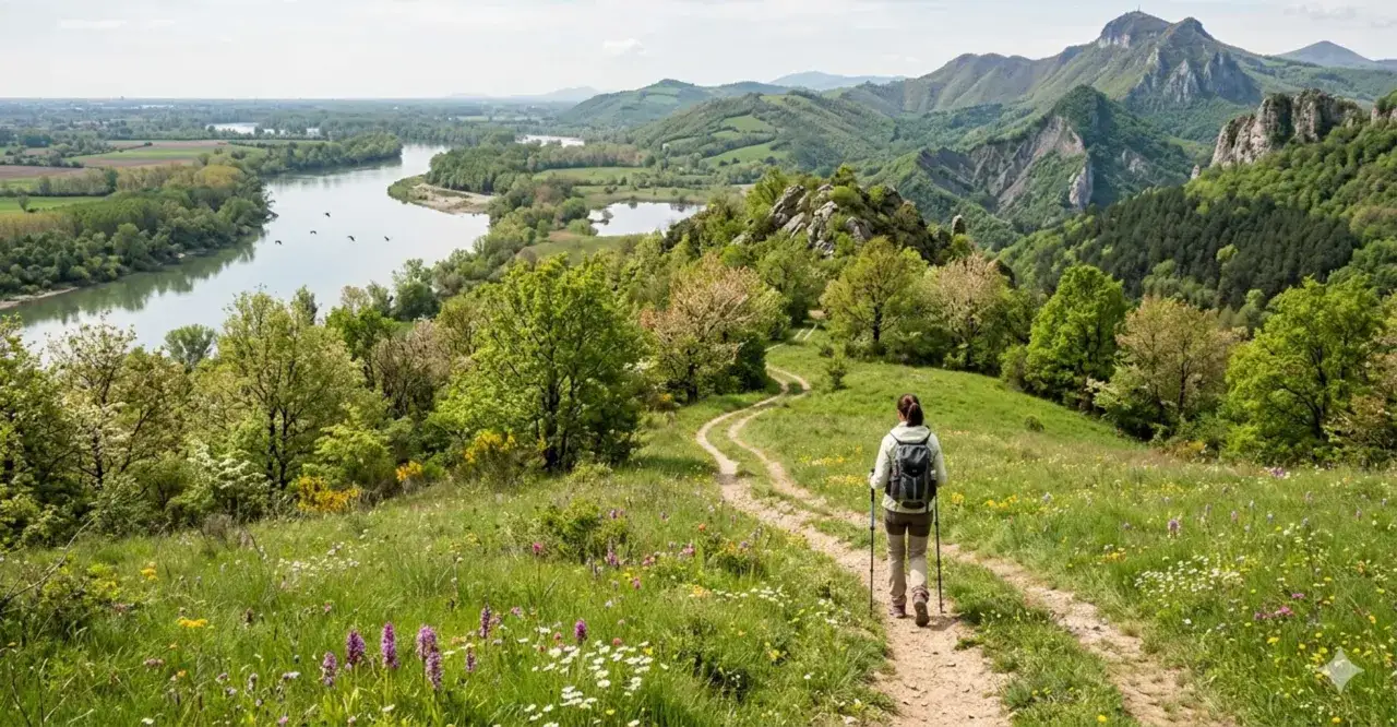 Donna con zaino e bastoncini da trekking esplora un sentiero fiorito in Emilia Romagna, con vista su fiume e montagne verdi.