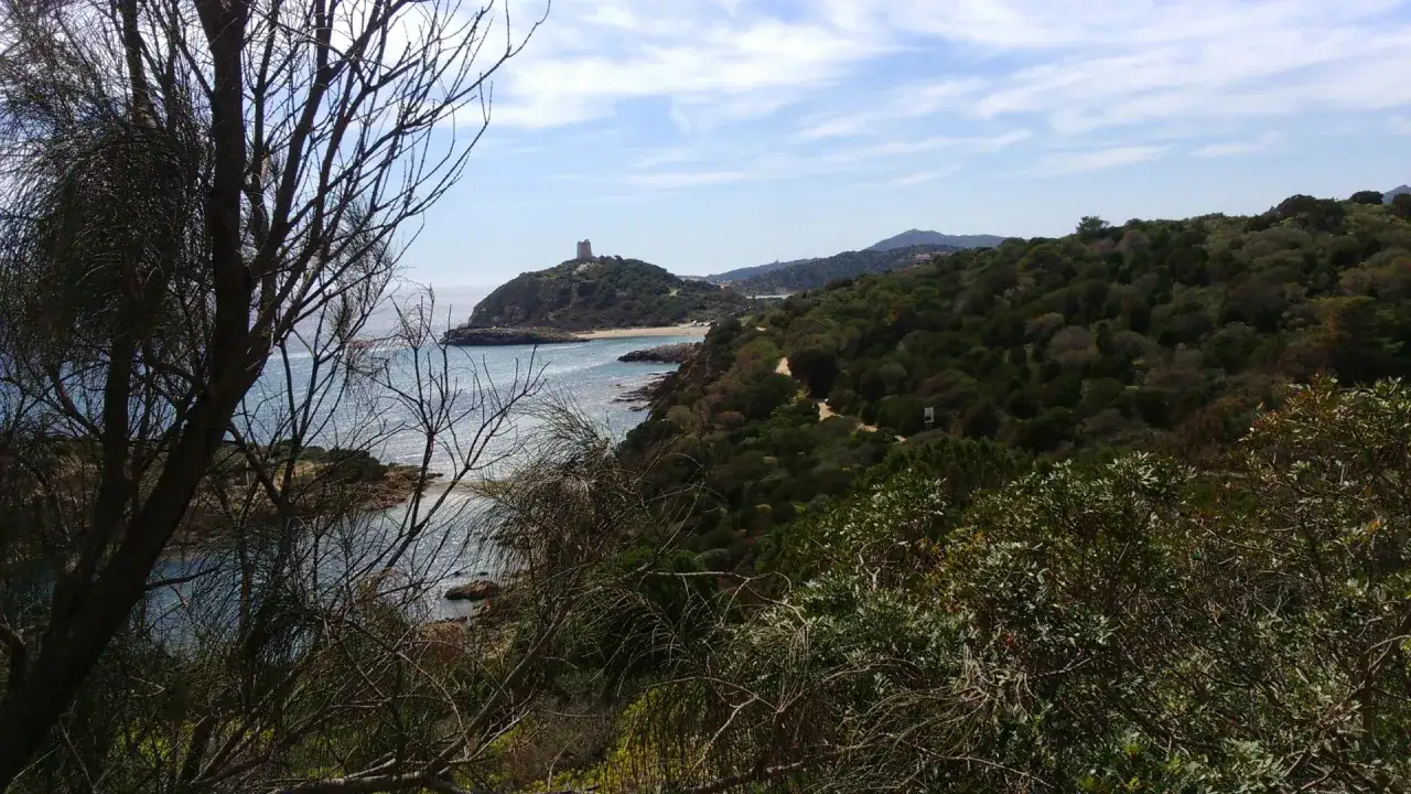 Vista panoramica di Chia, con la torre sul promontorio e il mare azzurro. Un sentiero si snoda tra la vegetazione rigogliosa, vicino al centro storico.