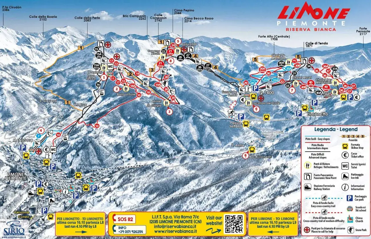 Mappa delle località sciistiche Piemonte, con piste, rifugi e impianti a Limone Riserva Bianca.