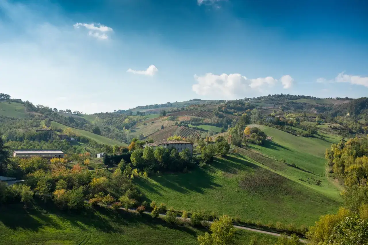 Colline verdi e vigneti dell'Appennino modenese, con case sparse e un cielo azzurro. Un paesaggio che sembra un passaporto per la tranquillità.